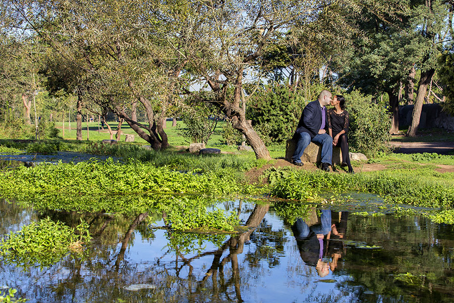 surprise-proposal-21012-037 Kissing at a park and pond with the reflection in the water.