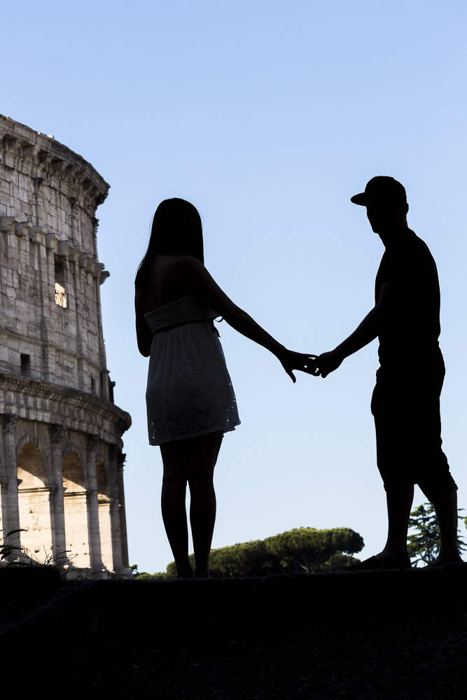 Silhouette image of a couple just engaged to be married in Rome Italy