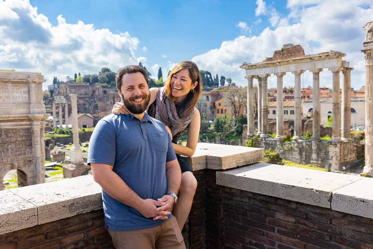 Portrait picture taken in front roman forum view in the city 