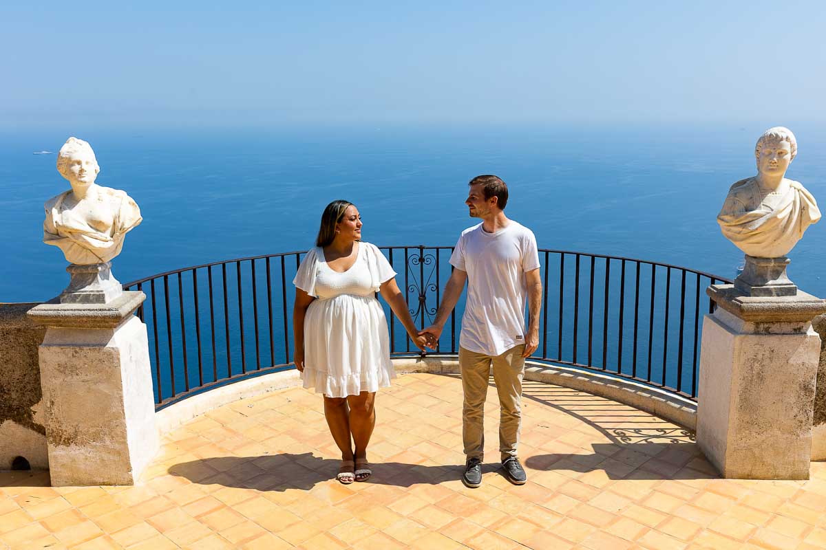 Holding hands on the Infinity terrace overlooking the Amalfi coast from above