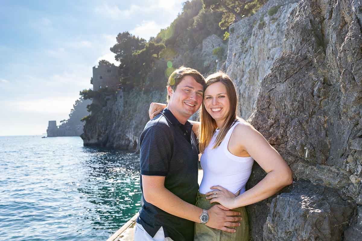 Couple portrait by the sea during and engagement photoshoot in Italy by the Amalfi coast